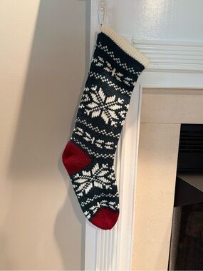 Hand Knit Holiday Stocking with Snowflake Pattern - Green, White & Red Nordic